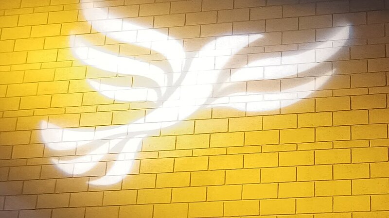Lib Dem logo bird projected on blockwork